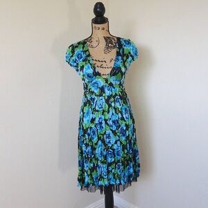 100% Silk Mesh-lined Free People Deep V Neck Blue Black & Green Floral Dress